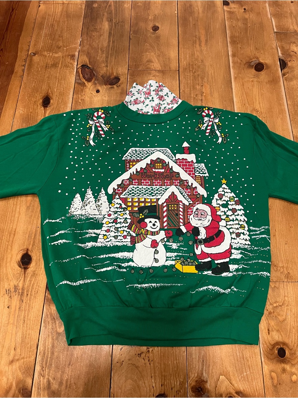 Cracker Barrel Green Holiday Sweatshirt with Santa, Snowman & Cottage Scene